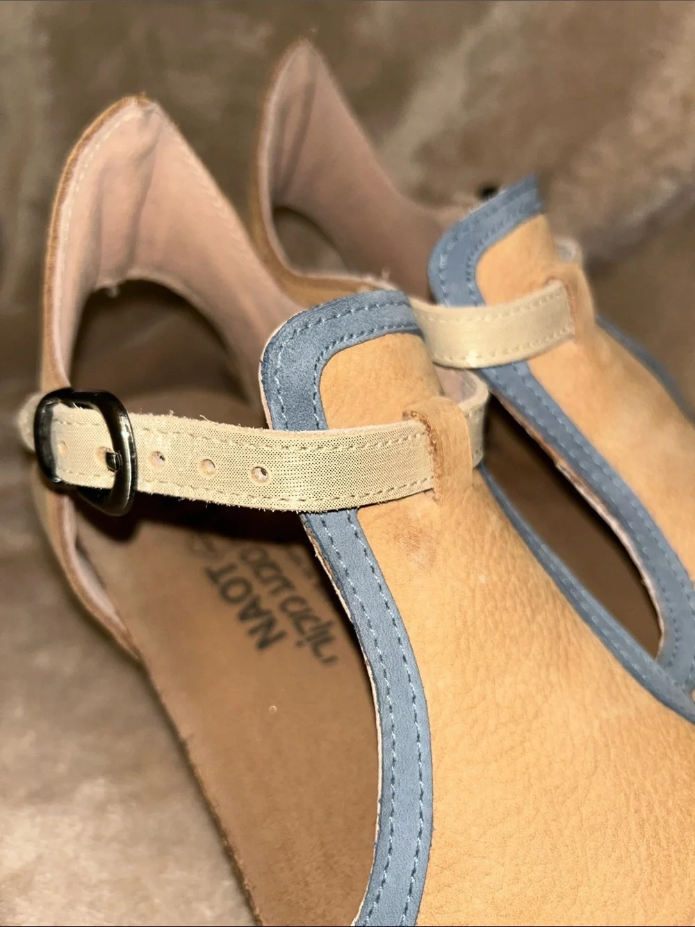 Naot Fiona Israeli Two-Tone Tan Gray Suede Leather Metallic Wedge Sandals EU 36